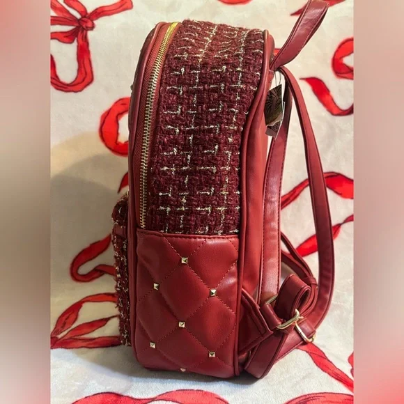 Badgley Mischka red and gold tweed backpack with gold studs - Picture 6 of 9